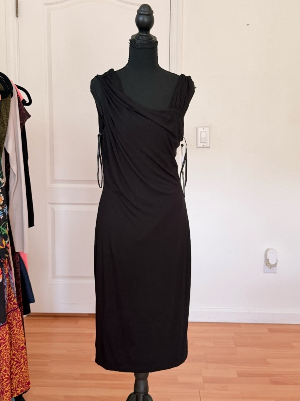 Calvin Klein Black Draped Asymmetrical Midi Dress Size 8 NWT